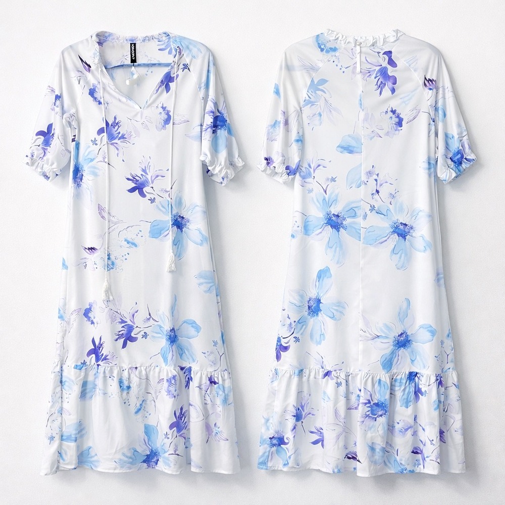 Noracora Floral Midi Dress Tassel Neck Short Sleeve Cottagecore‎ Resort